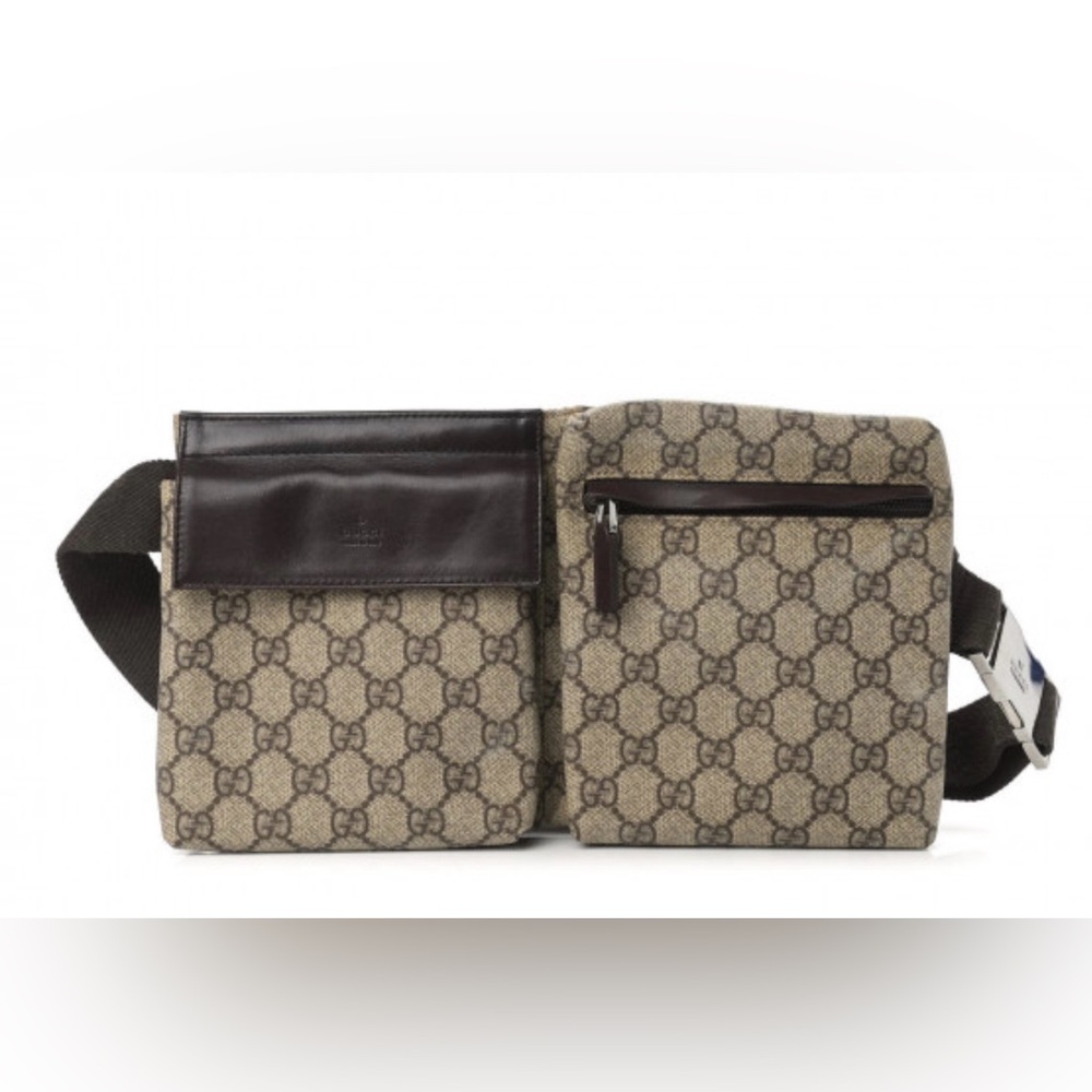 Gucci GG Monogram Double Pocket Belt Bag Dark Brown - used/shows wear